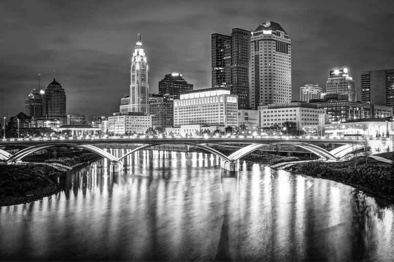 Columbus Ohio Downtown Skyline in Black and White Art Print