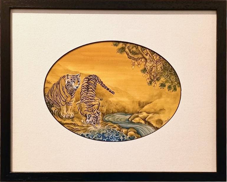 Tiger's At The Water's Edge Painting By Nicola Mountney | Saatchi Art