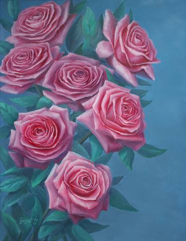 Pink roses on a blue thumb