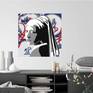 A painting of 'Girl with a pearl' of Johannes Vermeer on a background of printed Delft blue tiles on canvas with handprinted details. Limited edition 6/10