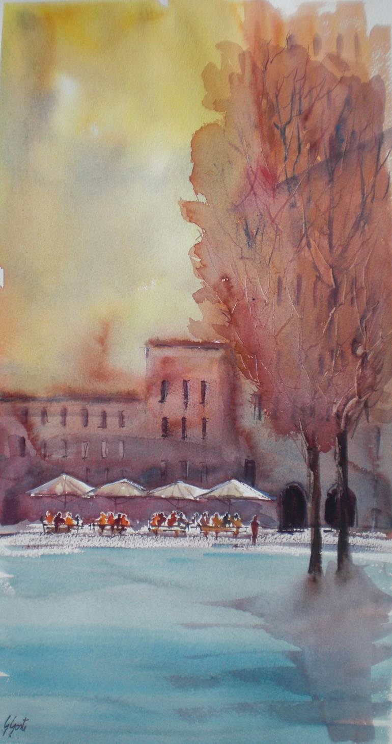 Original Landscape Painting by Giorgio Gosti | Impressionism Art on Paper | cafe in the sunset
