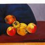Composition the fruits in table, apple & hurma. Painted in realistic style.
