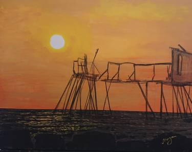 Sunset seascape original artwork acrylic on canvas painting by Cornelia Margan thumb