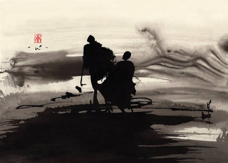 ZEN SUMI INK PAINTING ON RICE PAPER, SUMI-E Painting by Nikolai Jelneronov