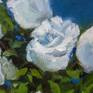 A bouquet of white roses on a glass vase done in oil.