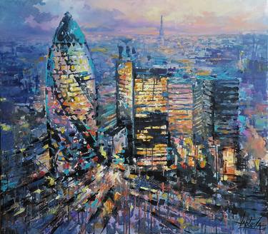 Painting Evening London , acrylic original cityscape ,  UK thumb
