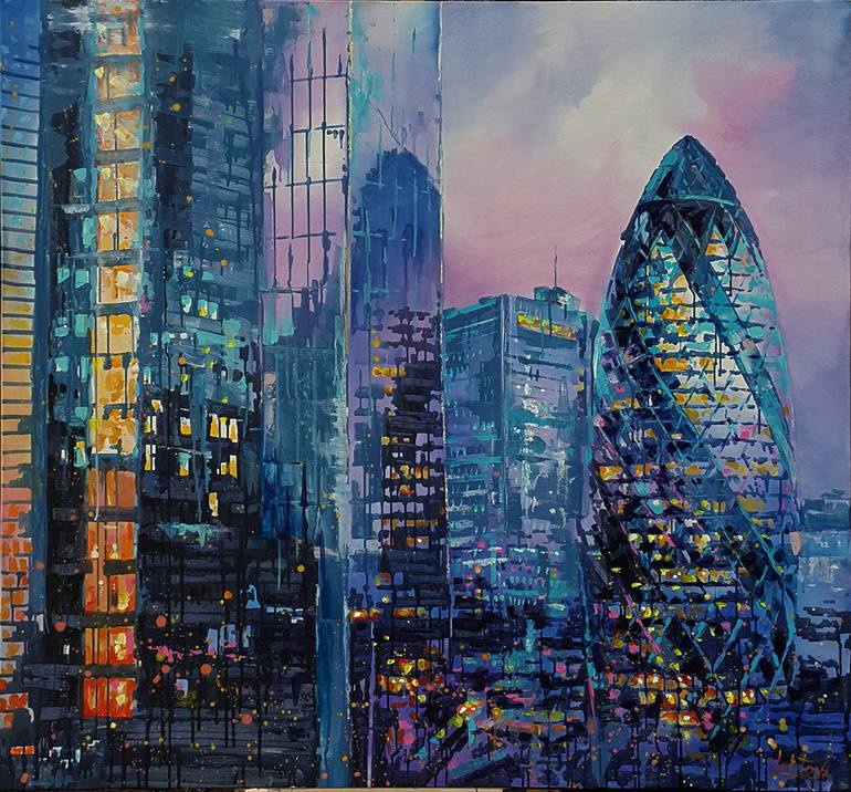 Painting original acrylic cityscape - London Mary Axe Tower Painting by  VIKTORIJA LAPTEVA