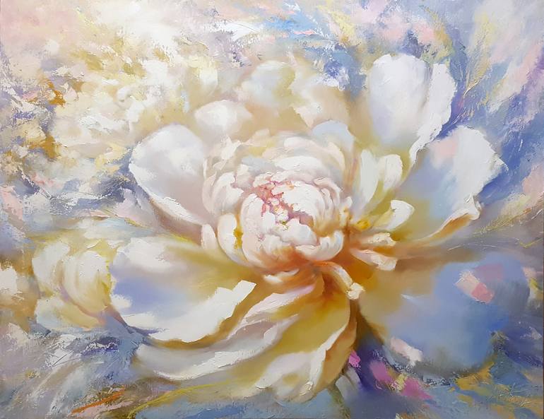 Painting oil original Peonies in rays sun , relief oil painting ...