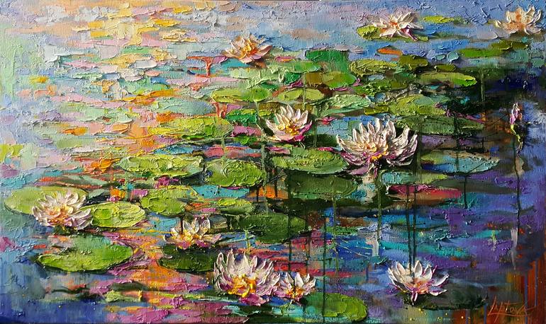 Lilies Painting Impasto Oil Original Water Lilies Flowers Pond