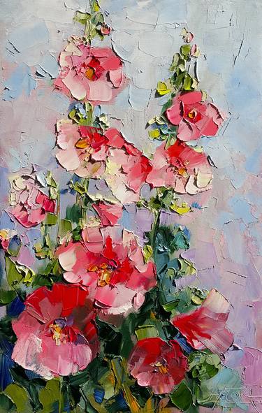 Pink flowers mallows - plants painting, flower, flora - original oil impasto artwork thumb