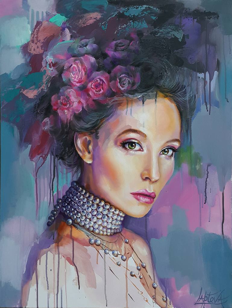 Pearl - girl with roses and pearls, Painting portrait Painting by ...