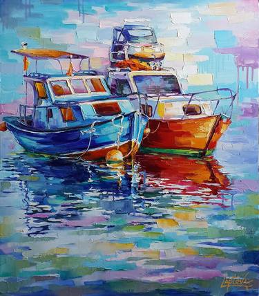 Waiting for new adventure Painting Fishing boats, Nautical Painting, boat yacht bay thumb