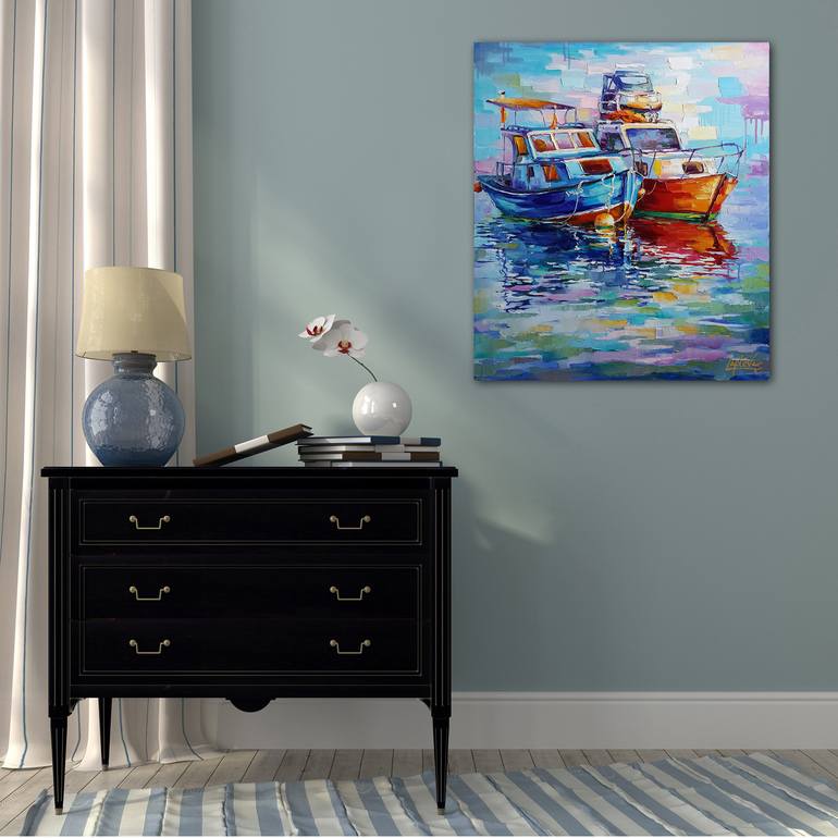 Original Expressionism Boat Painting by VIKTORIJA LAPTEVA