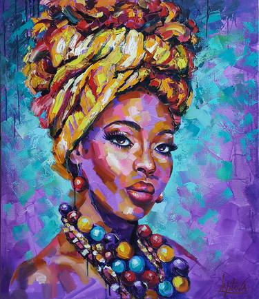 Portrait Multicolored Beads, painting african woman thumb