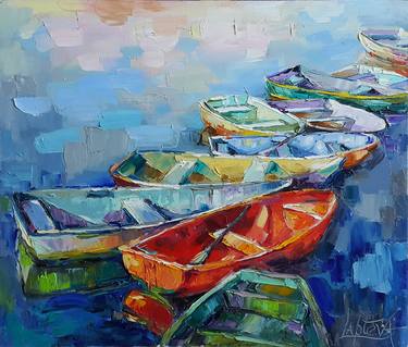 Painting Boats, wooden rowing boats, Fishing boats, Nautical Painting thumb