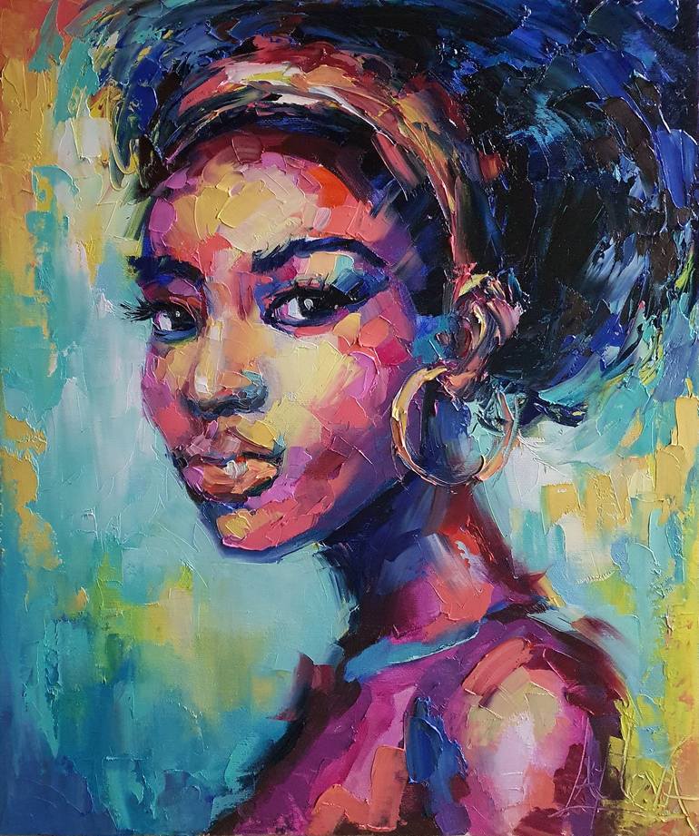 Portrait of a young african girl , female face , original oil artwork ...