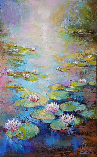 Painting Morning Pond Water lilies,  Ninfee , Nympheas thumb
