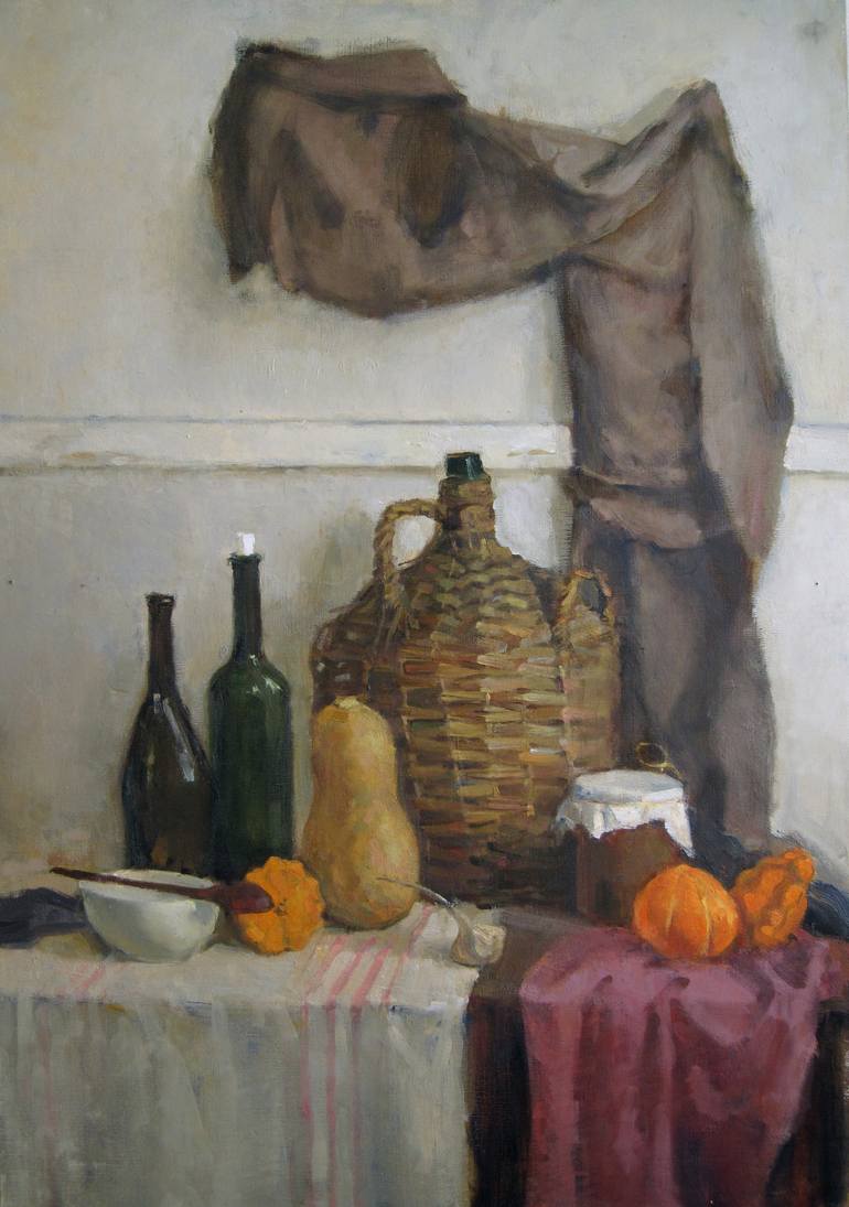 Still life with wicker bottle Painting by Sergei Kaletsky | Saatchi Art