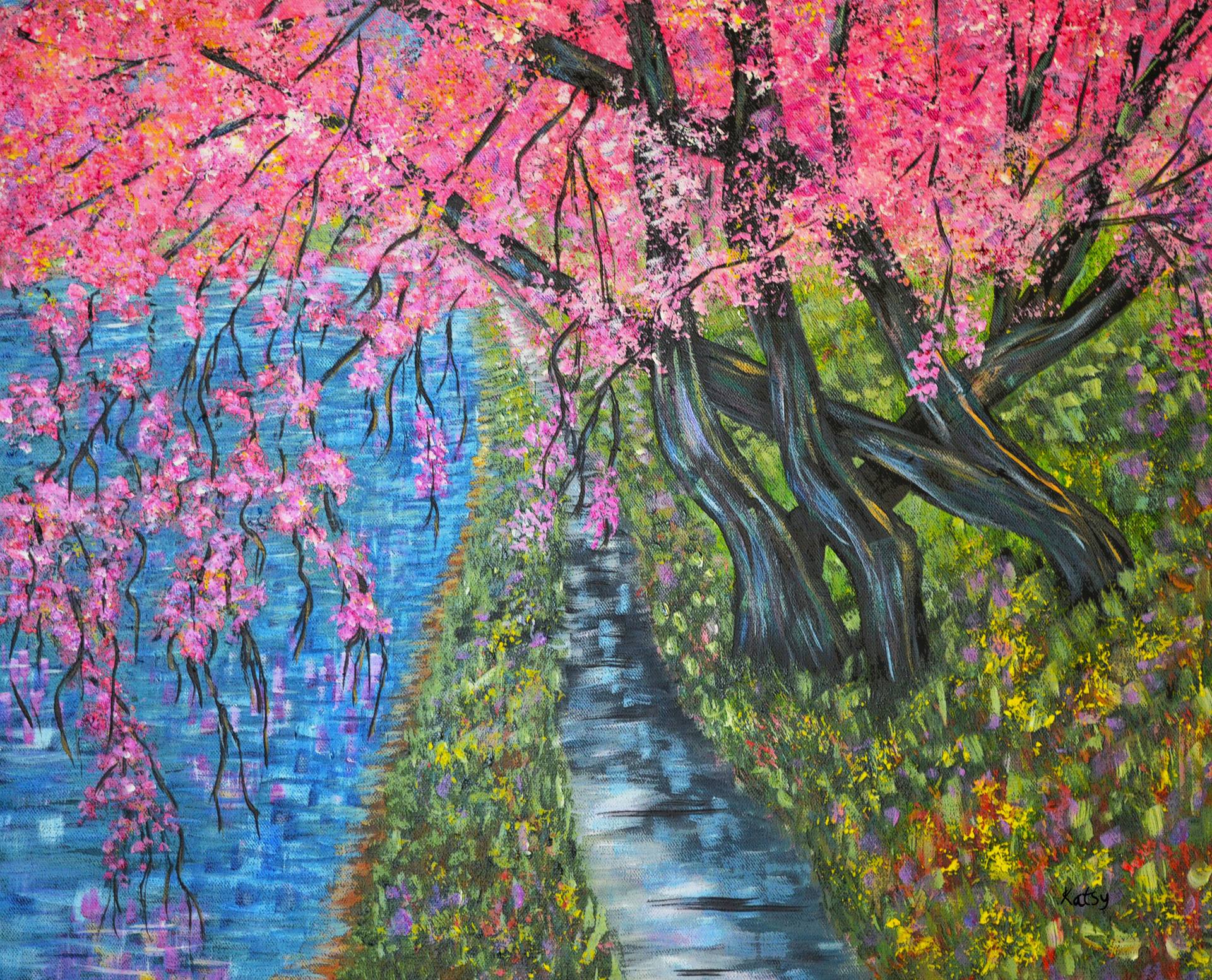 Cherry tree Blossoms, tree art, impressionism painting Painting by