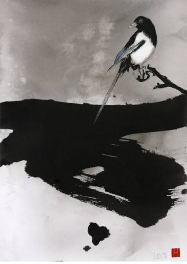 Magpie in black&white landscape thumb