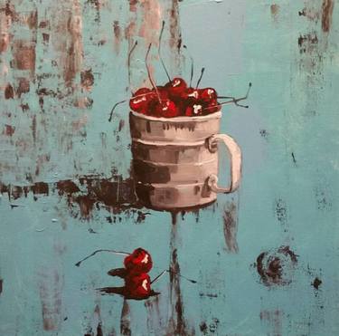 Sold Original 18 x 18 Life Is, cherries, still life, fruit, table, impressionist, textured, abstract, perspective thumb