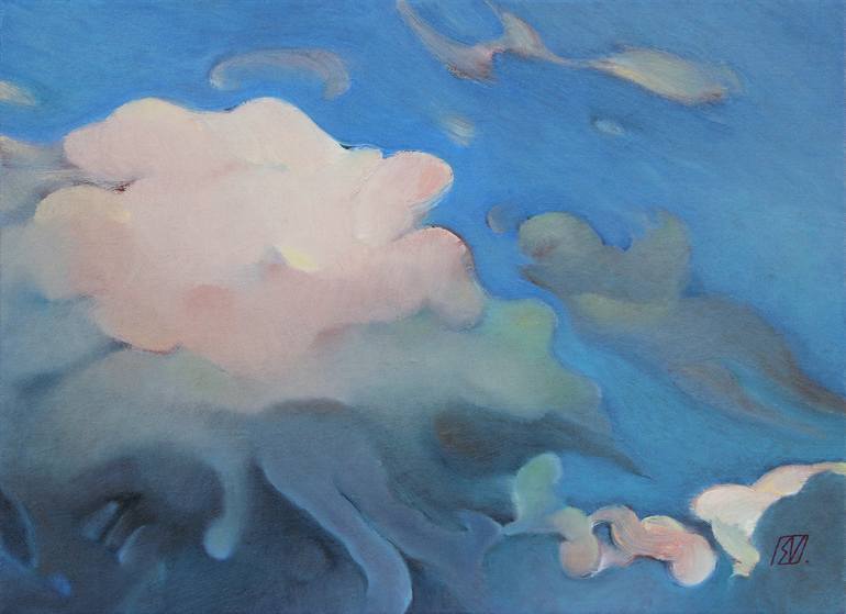 blue sky pink clouds painting