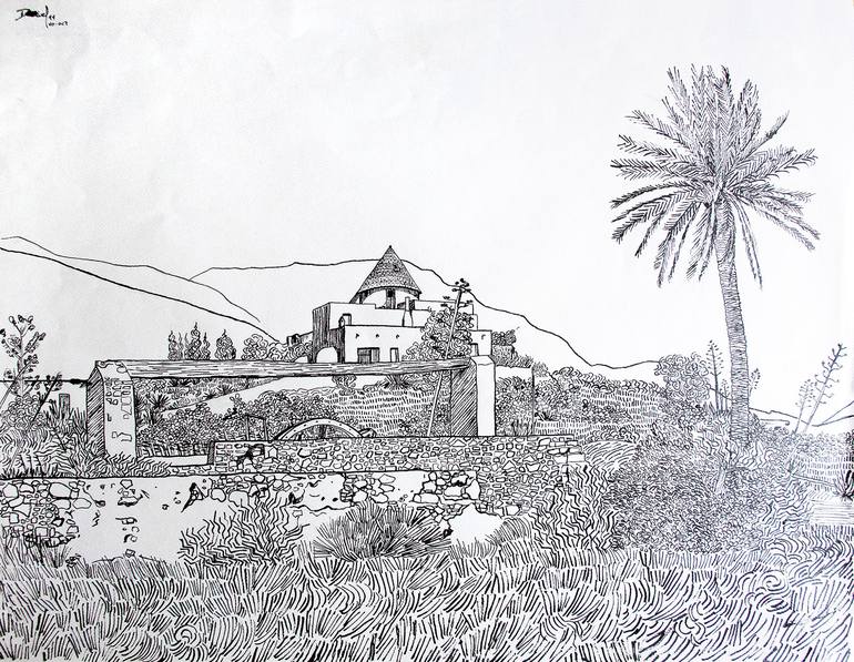 Original Landscape Drawing by Daniel Formigo | Expressionism Art on Paper | The waterwheel of the Cortijo Grande with palm tree