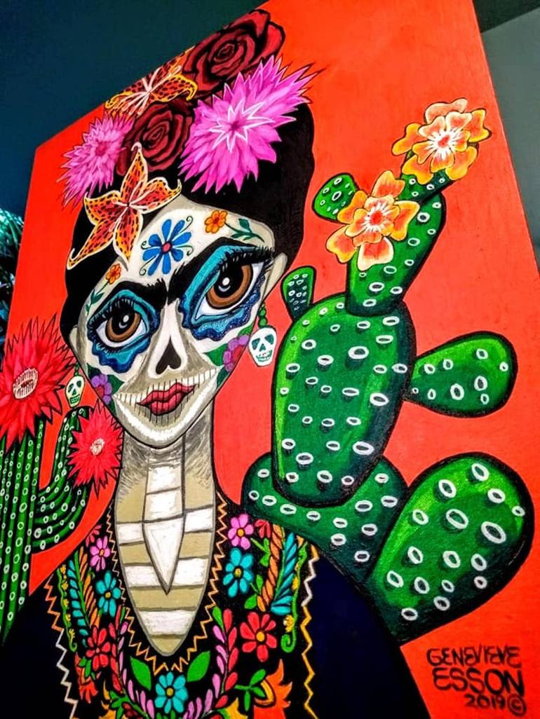 Frida Kahlo Dia De Los Muertos Portrait With Cactus Painting by ...