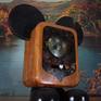 Maple, glass and mixed wood sculpture made in the shape of an antique mouse robot. A nostalgic inspired piece of a past that never was.