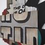 Comics, advertising, and street art are combined in a multi-paneled, shaped piece. Acrylic on three layers of shaped masonite form a collage of sorts depicting fragments of pop culture and urban textures.