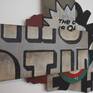 Comics, advertising, and street art are combined in a multi-paneled, shaped piece. Acrylic on three layers of shaped masonite form a collage of sorts depicting fragments of pop culture and urban textures.