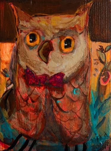 Owl with purple bow tie thumb