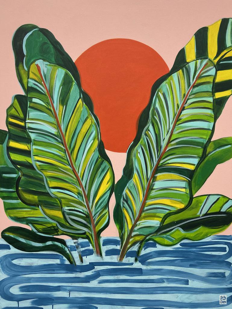 Banana Leaf Sunrise Painting by Jelly Chen | Saatchi Art
