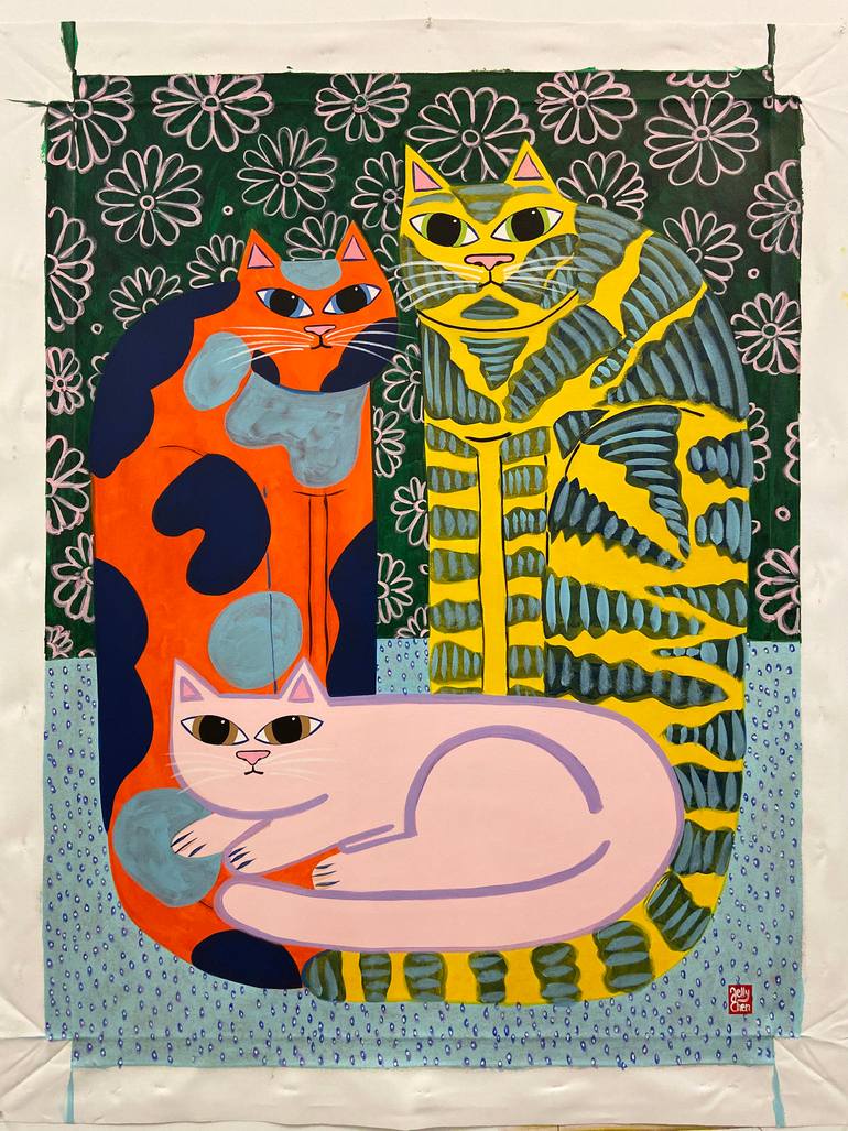 Original Art Deco Cats Painting by Jelly Chen