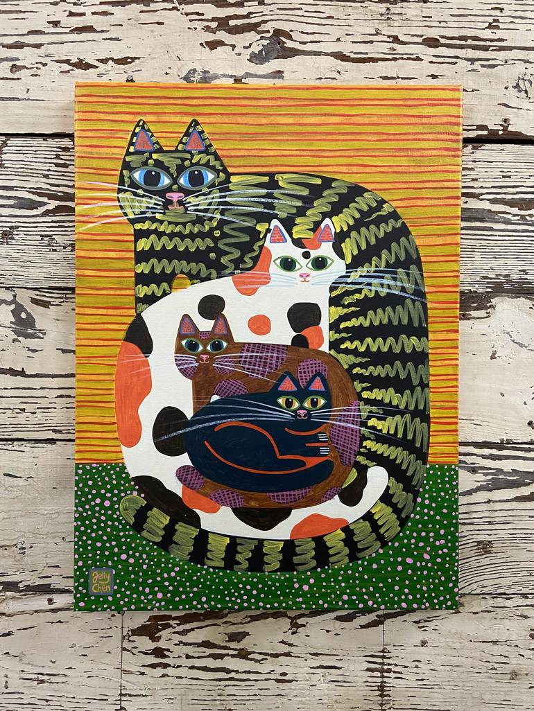 Original Art Deco Cats Painting by Jelly Chen