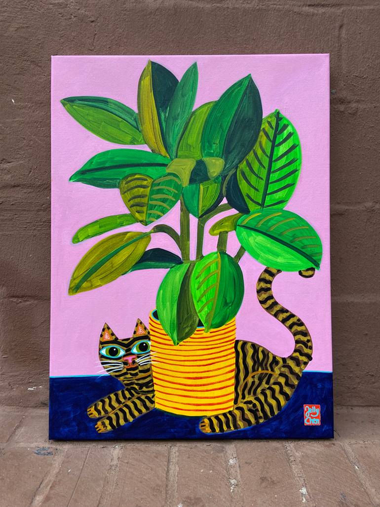 Original Folk Cats Painting by Jelly Chen