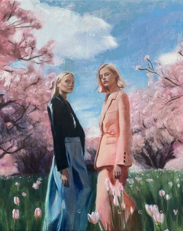 Spring, blonde girls with by colorful tulips & blossom trees thumb