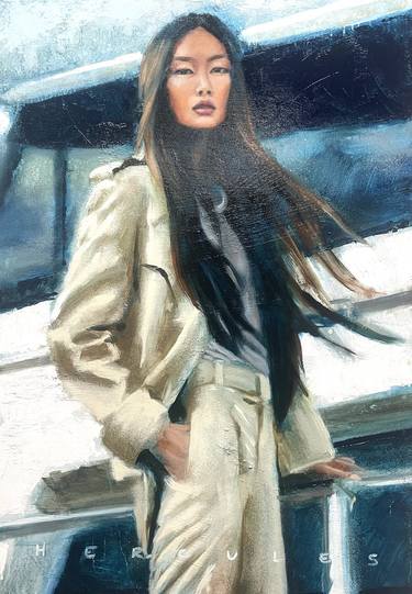 Asian girl on yacht, blue white oil painting beautiful woman boat thumb