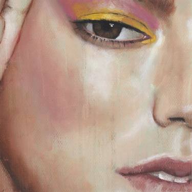 Hannah - beauty oil painting of women female on paper pink and yellow tones makeup closeup thumb
