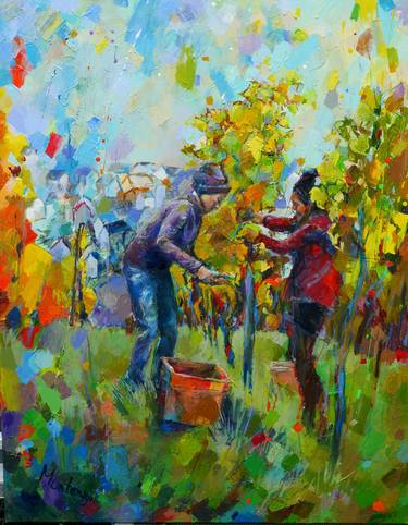 Continental Embossed Leather Painting on Canvas, Grape Harvest