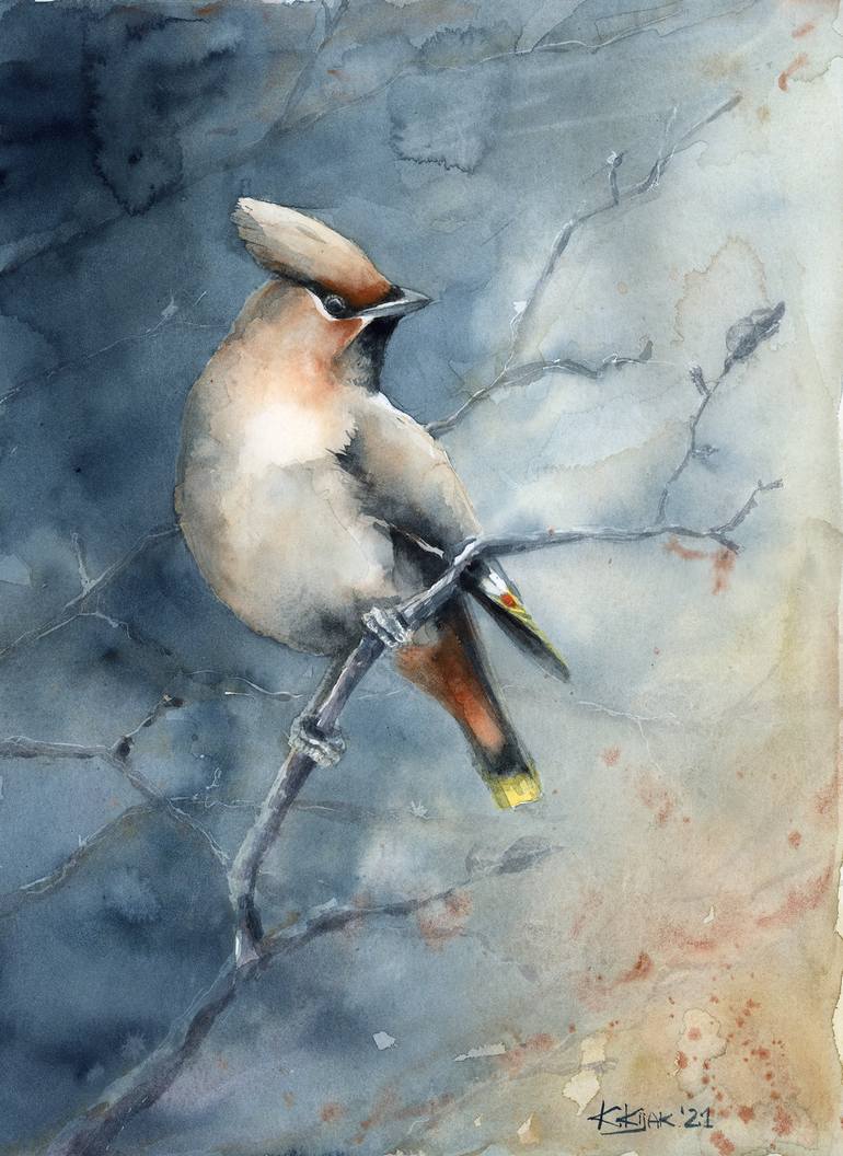 Original Acrylic Painting, Waxwing ,winter Bird, Modern Airbrush