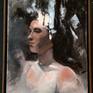 A contemporary portrait on 16x20 canvas. Thick with texture, this painting embraces its traditional beginning and abstract finish. There is one very small indent on the canvas, but it is hard to see.

Now comes with a floating, gold and black frame !