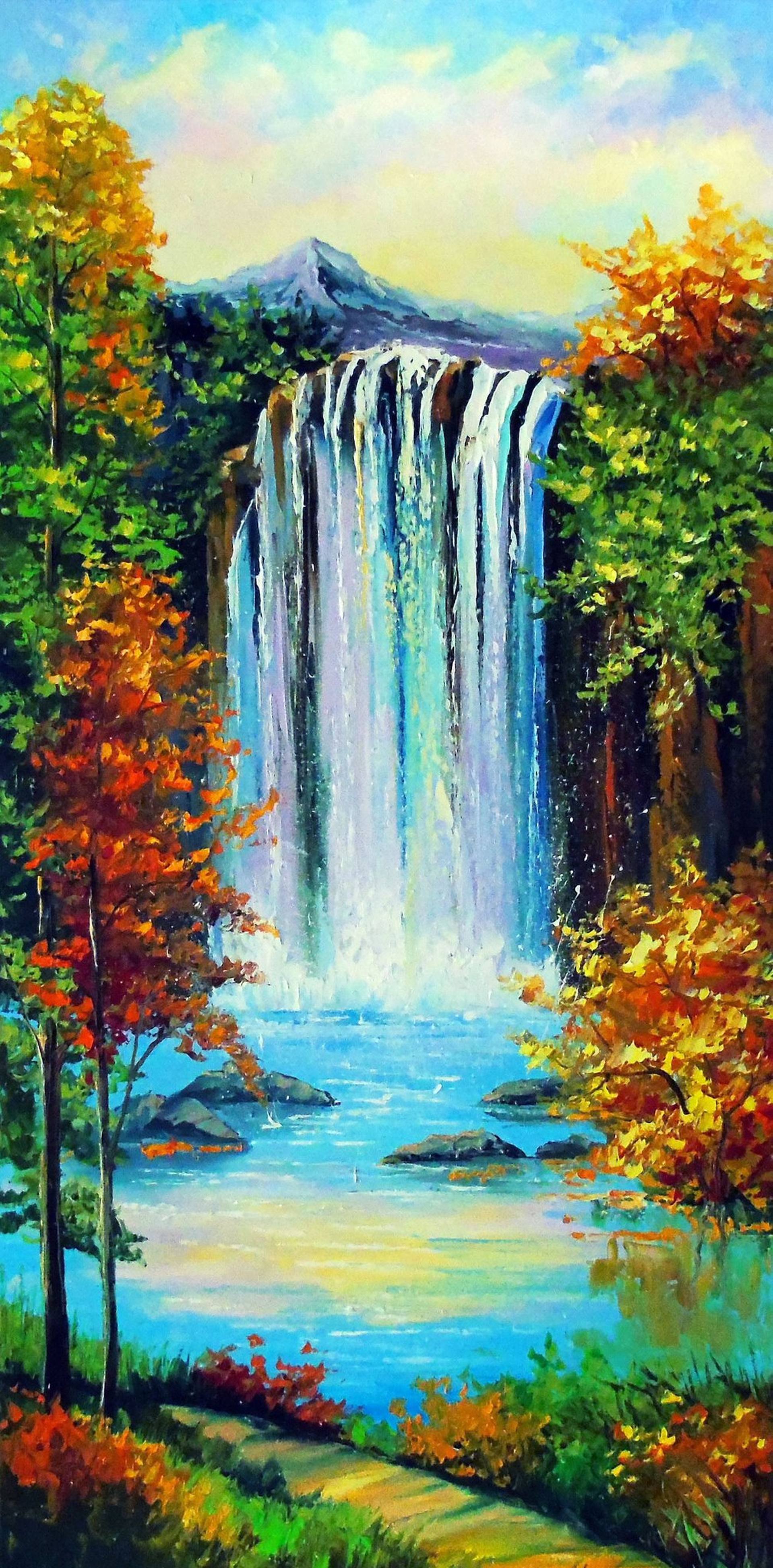 絵画 Mountain Waterfall Mountain waterfall by the lake Painting by Olha Darchuk | Saatchi