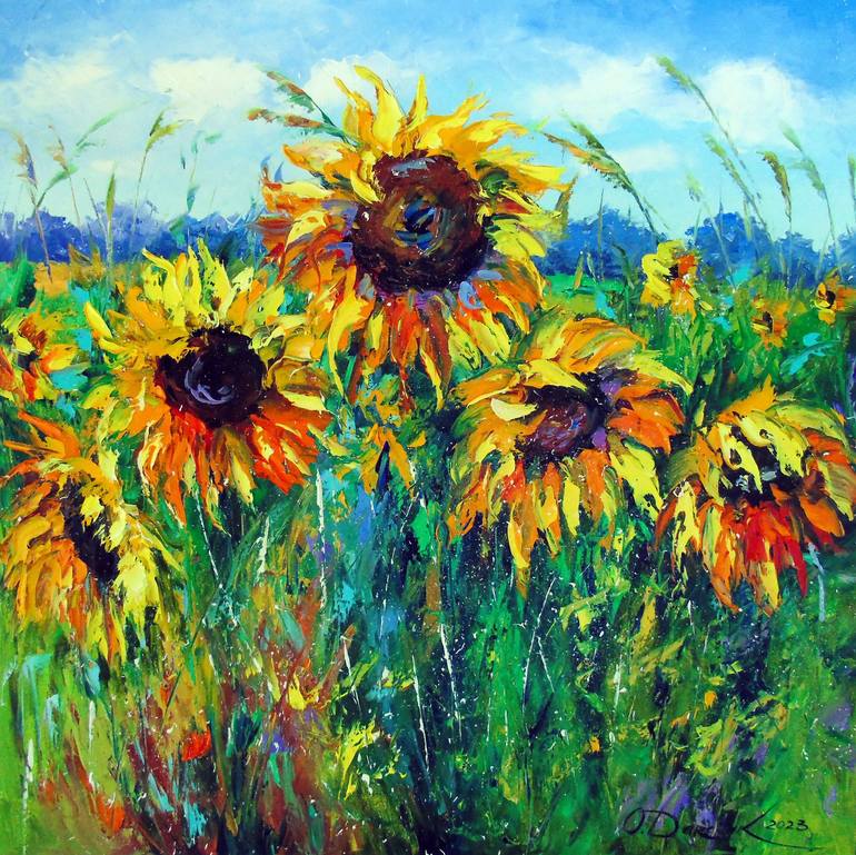 Sunflowers in the wind Painting by Olha Darchuk | Saatchi Art