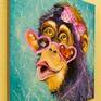 Girl monkey oil painting on canvas without frame as edges are painted,100% handmade palette knife and high quality oil ,will decorate your interior for a long time and will give you and your family positive emotions.Ready to hang.Monkey,girl,glasses,bow,bright colors,romantic,impressionism.