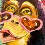 Girl monkey oil painting on canvas without frame as edges are painted,100% handmade palette knife and high quality oil ,will decorate your interior for a long time and will give you and your family positive emotions.Ready to hang.Monkey,girl,glasses,bow,bright colors,romantic,impressionism.