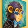 Boy monkey oil painting on canvas without frame as edges are painted,100% handmade palette knife and high quality oil ,will decorate your interior for a long time and will give you and your family positive emotions.Ready to hang.Monkey,boy,glasses,bow,bright colors,romantic,impressionism
