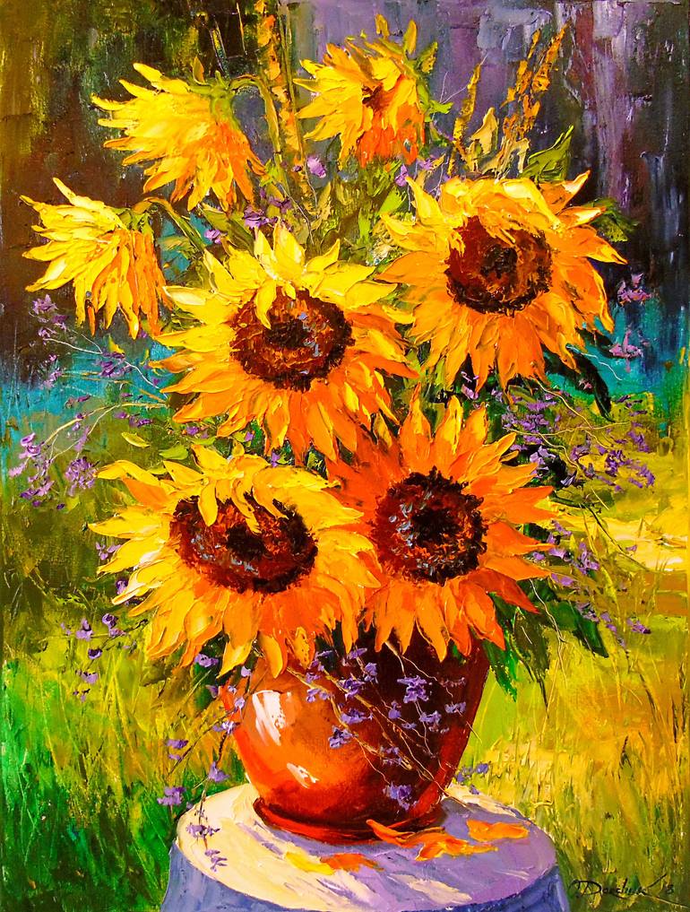 Bouquet of sunflowers in nature Painting by Olha Darchuk | Saatchi Art