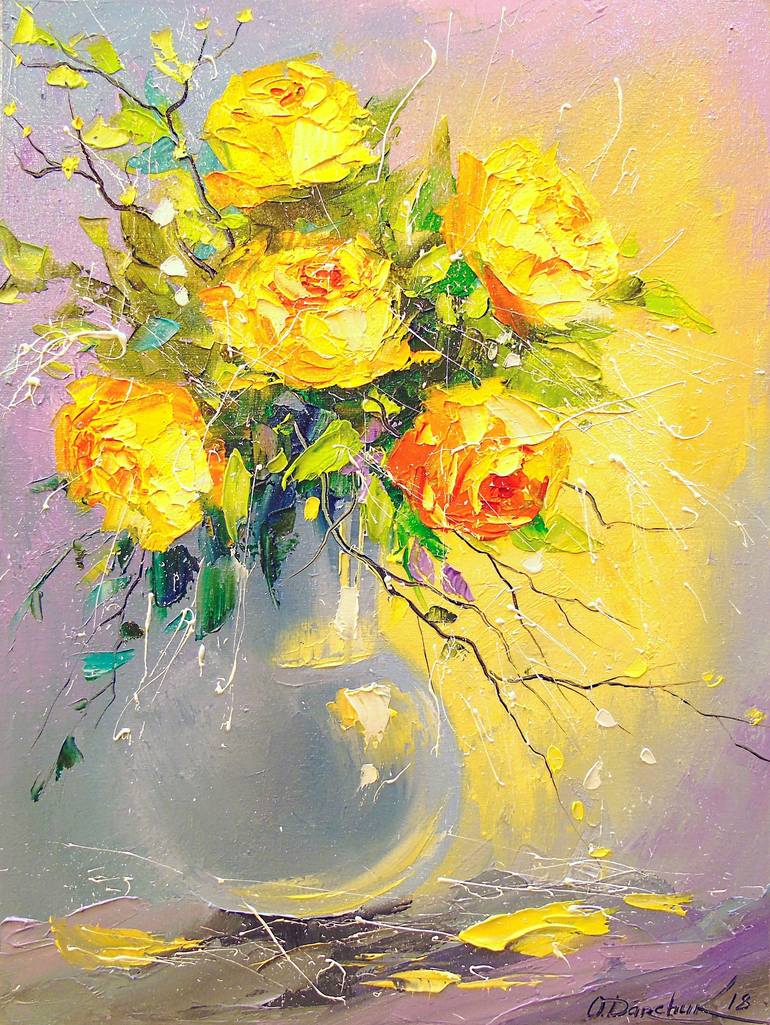 A Bouquet Of Yellow Roses In A Vase Painting By Olha Darchuk