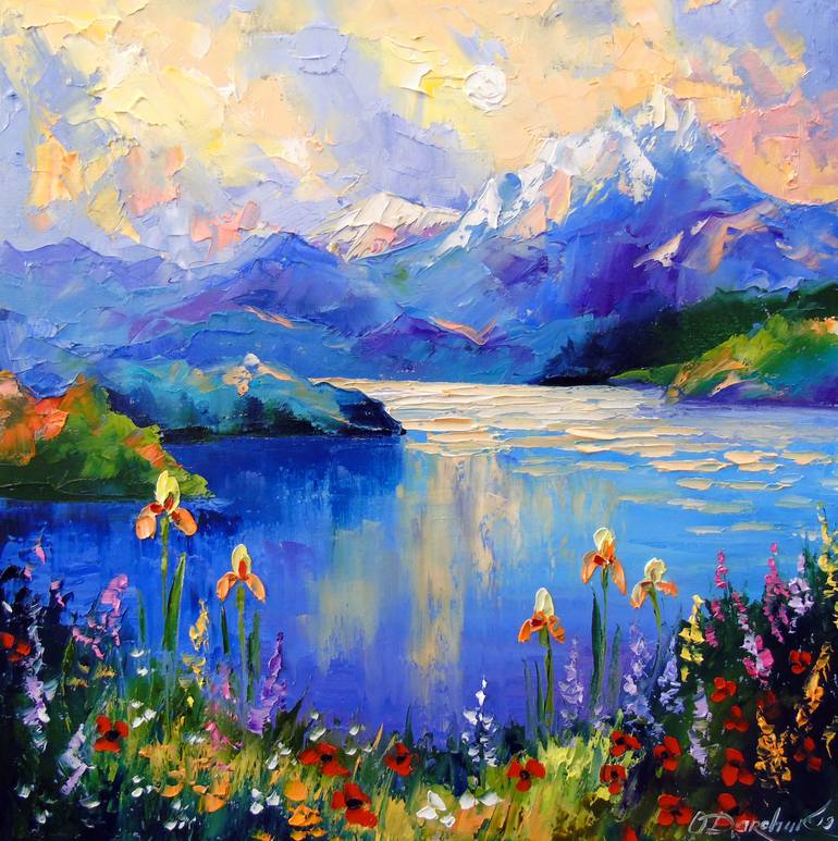 Newest Flower Lake Painting, Original Lake Painting, Spring Painting, Lake Wall Decor, Trees and Mountain, Painting